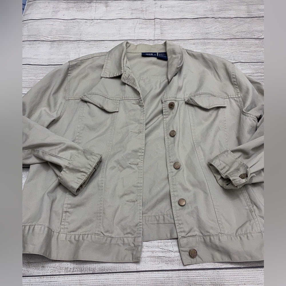 Bill Blass Tan Khaki Stretch Button Up Jacket, XL.